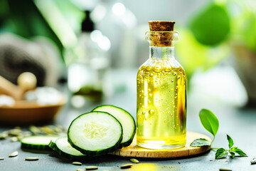 A bottle of cucumber oil is placed next to freshly sliced cucumbers on a surface. Dermatology treatment concept.