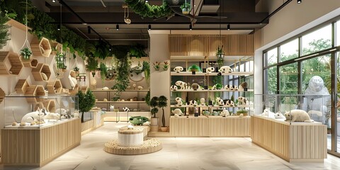 Pet store interior - small business retail store selling animals and supplies filled with fish aquariums, lizard terrariums, and more 