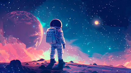 Obraz premium An astronaut in space suit and helmet on an alien wild planet. Scientific expedition mission flight to new planet and star. Space tourism of the future. Discovering new spaces in the universe.