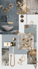 Modern bathroom design mood board with gold floral accents and a minimalist basin.