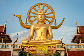 The great Buddha temple of Wat Phra Yai stands on the island of Samui, Thailand.