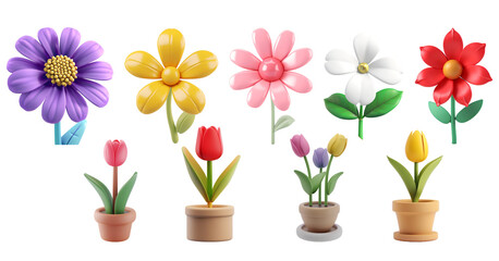 Colorful Flowers in Various Styles, Including Tulips: A Set of Simple Cartoon 3D Illustrations of Spring and Summer Blooms, Isolated on Transparent Background, PNG