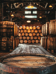 A rustic wooden barrel in focus amidst a warehouse full of aging barrels, illuminated by soft lighting