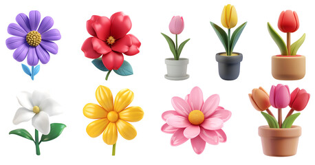 Tulips: A Set of Colorful Flowers in Various Styles, Simple Cartoon 3D Illustration, Representing Spring and Summer Blooms, Isolated on Transparent Background, PNG