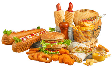 Set with fast food products Kebab, pita, gyros, shaurma, wrap sandwich with french fries and nuggets meal, junk food and unhealthy food isolated on white background. clipping path included