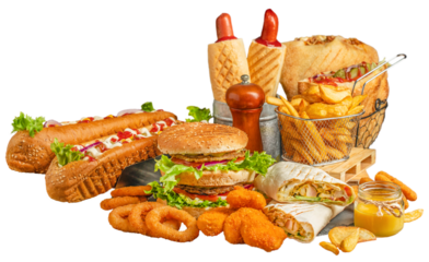 Set with fast food products Kebab, pita, gyros, shaurma, wrap sandwich with french fries and nuggets meal, junk food and unhealthy food isolated on white background. clipping path included