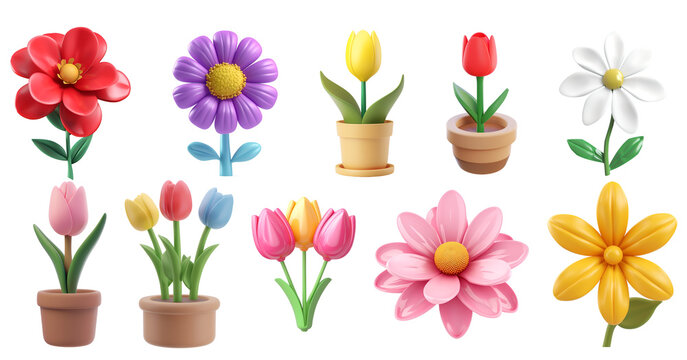Set of Tulips and Other Colorful Flowers in Various Styles: Simple Cartoon 3D Illustration of Spring and Summer Blooms, Isolated on Transparent Background, PNG