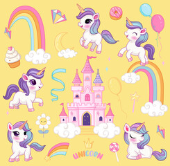 Vector unicorns set. Big collection for Unicorn Party with fairytale characters, castle on cloud, rainbow, falling stars, crystals, sweets. Fantasy world clip art elements. Magic icon pack - 755904843