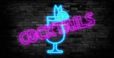 Cocktail neon sign, bright signboard, light banner. Cocktail logo, emblem.