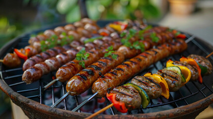 Assortment of grilled sausages and kebabs - obrazy, fototapety, plakaty