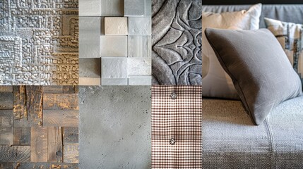 Collage of various textured surfaces and fabrics, including gray cushions, patterned tiles, woven materials, and concrete textures. The image showcases a mix of different patterns and materials 