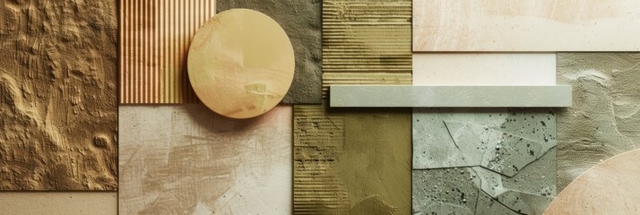 Abstract geometric artwork with beige and olive textures with overlapping circles and textured...