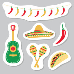 cinco de mayo sticker set, mexican culture icons, chili garland, guitar, sombrero, maracas, taco, ppeper vector design elements