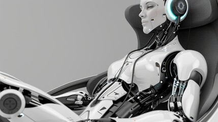 Futuristic female humanoid robot reclining