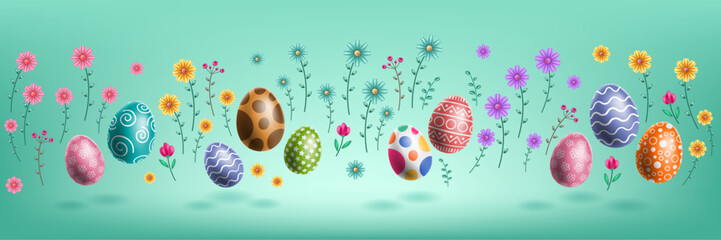 Easter Eggs with Beautiful Flowers, Set of Easter Eggs, Flowers Background, Colorful Eggs, Egg Vector Banner Background. Illustration.