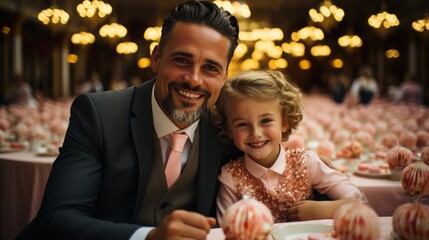 Father and cute little daughter enjoying time together in cafe eating desserts. Happy Birthday party. Happy Father's day