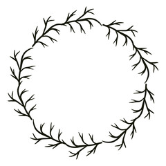 Simple branch w wreath, vector black ink illustration. Circle wreath for tag, card or invite