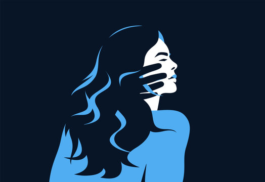 Violence against women poster with strong young woman and male arm in her hair. Concept of domestic abuse and sexual harassment. Vector illustration