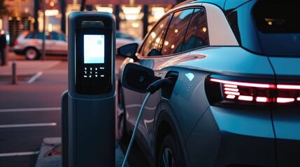 An electric vehicle is being charged at a station, while its wheels, tires, and alloy wheels rest peacefully under the hood. AIG41