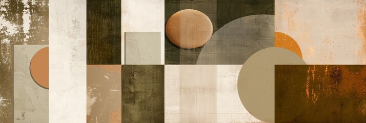 Mood board, geometric texture collage, Modern abstraction in beige and olive with overlapping circles and textured lines. Advertising of finishing materials, various structures, illustration article