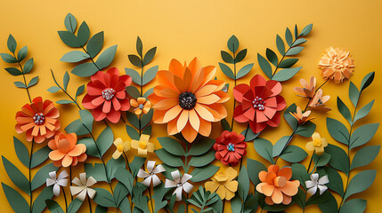 Paper flowers and leaves art on a yellow background