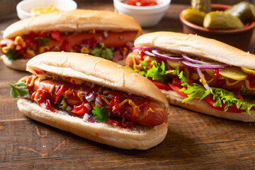 Hot dog . Traditional american fast food . - 755907264