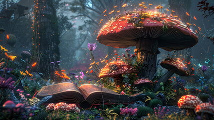 Magical forest scene with glowing mushrooms, flowers, and an open book amidst the greenery.