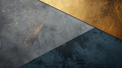 Diagonal split of metallic gold and blue textured surfaces creating an abstract design, concept samples of textures for renovation and interior design.