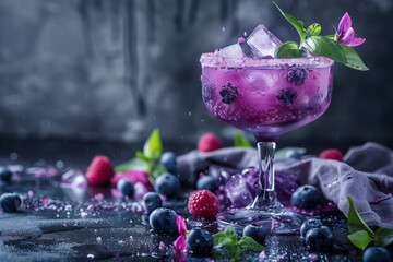 Juicy summer berry cocktail with blueberries and blackberries at a tropical beach bar