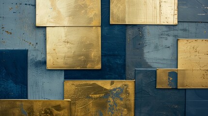 Luxurious gold and rustic blue textures meeting in a modern abstract pattern, concept samples of textures for renovation and interior design.