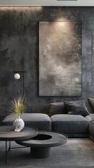 Foto auf Acrylglas Stylish room with dark walls, abstract painting, and a luxurious grey velvet sofa, concept interior design, illustratie for interior magazine © Natalya