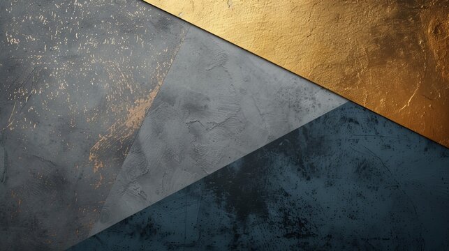 Diagonal split of metallic gold and blue textured surfaces creating an abstract design, concept samples of textures for renovation and interior design.