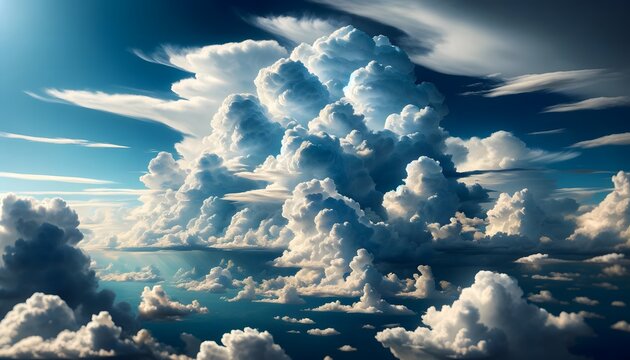 A dramatic and expansive view of towering cumulus clouds under a bright blue sky, showcasing the majestic beauty of nature's skyscape. blue sky and clouds