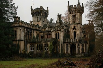 Fototapeta premium Abandoned gothic castle. Creepy inside. Generate Ai