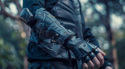 High-tech wearable arm device on an individual dressed in adventure gear against a blurred natural backdrop.