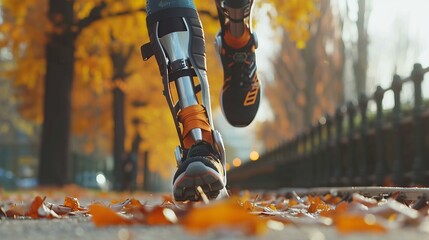 A person with a prosthetic leg is jogging through a park covered in autumn leaves. The focus is on the mechanical parts of the prosthetic leg and the person's shoe hitting the ground. - obrazy, fototapety, plakaty