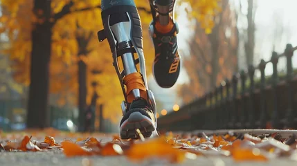 Deurstickers A person with a prosthetic leg is jogging through a park covered in autumn leaves. The focus is on the mechanical parts of the prosthetic leg and the person's shoe hitting the ground. © Natalya