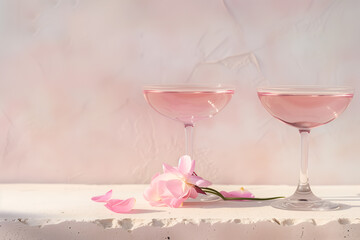 Pale pink light refreshing cocktail on a light stone minimalistic background