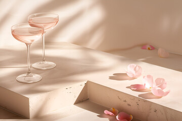 Pale pink light refreshing cocktail on a light stone minimalistic background