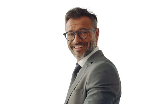 An adult male finance businessman with glasses is smiling and looking at the camera, transparent background.