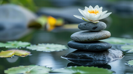 Fototapeta na wymiar Tranquil Zen Lotus Flower and Balanced Stones on Serene Water.