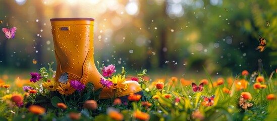 Pair of Yellow Rain Boots With Flowers - obrazy, fototapety, plakaty