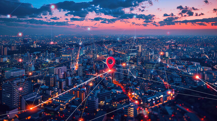 Aerial view of a bustling metropolis at dusk with a glowing red map pin hovering over a major tech...