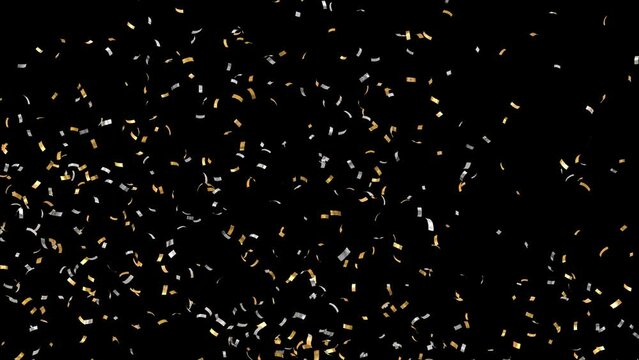 2 jets of confetti collide and explode into a rain of confetti which falls back - separated alpha channel - 4K