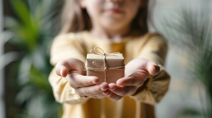Child extending hands with a small, handmade gift towards the camera