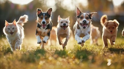 Playful pets frolicking in sunlit field: energetic dogs and a cat enjoy a spirited chase, capturing the joy of animal companionship