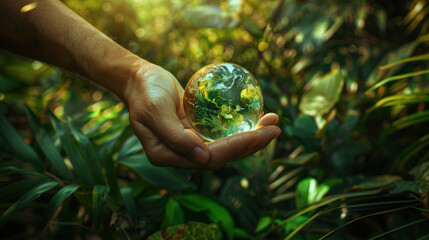 Dedicated conservationist gently holding a small Earth against a lush, dense forest backdrop
