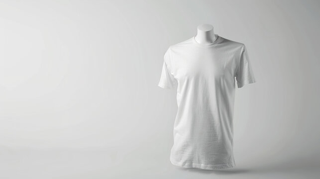 Mockup white T-shirt draped on a sleek, invisible mannequin against a pure white background