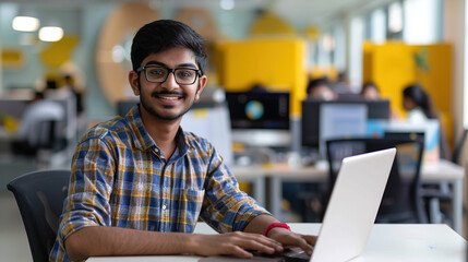 Dynamic portrait of a young Indian tech innovator at a start-up hub - obrazy, fototapety, plakaty