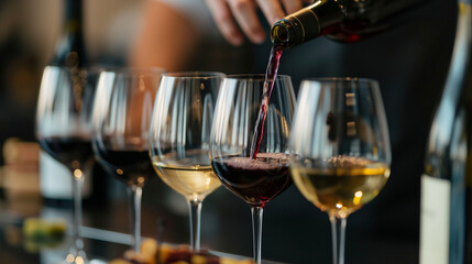 Pouring wine from bottle into glass on blurred background, closeup, assorted wine in a row of glasses, concept of wine tasting, night life, celebration and entertainment. - obrazy, fototapety, plakaty